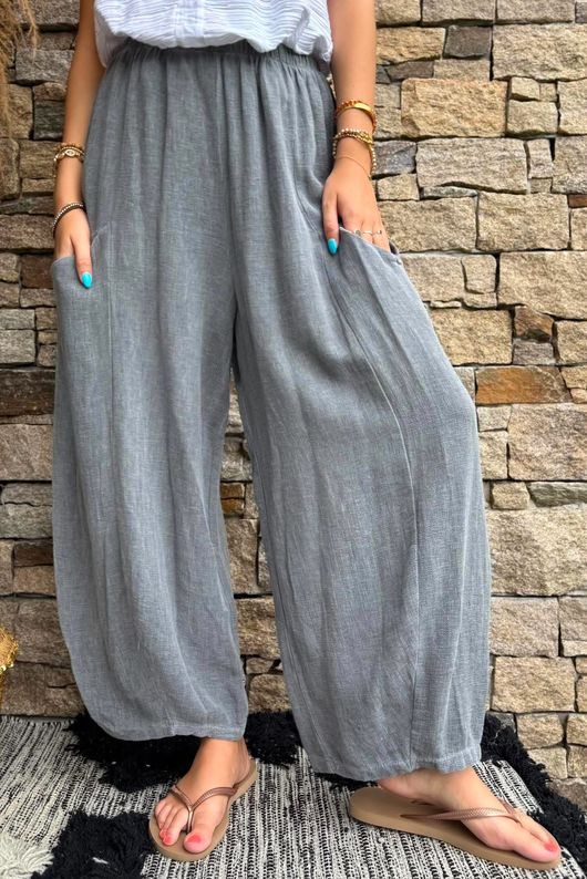 Lina Linen Blend Barrel Pant Washed Charcoal
